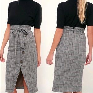 Lulus Grey Black Plaid Paper Bag Button Front Tie Pencil Skirt size Small